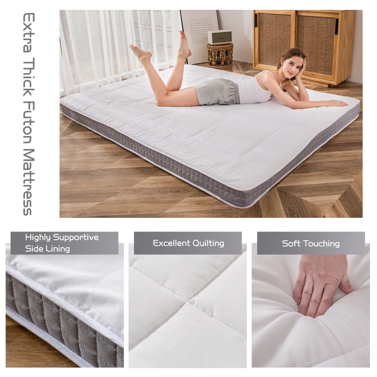 Futon Mattress, Padded Japanese Floor Mattress Quilted Bed Mattress Topper, Extra Thick Folding Sleeping Pad, Dark Grey, Twin