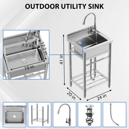 Garvee Utility Sink,24"Dx20"Wx41"H,Stainless Steel Sink with Hot & Cold Hoses,Storage Shelve,Faucet for Kitchen,Laundry Room,Backyard,Garage