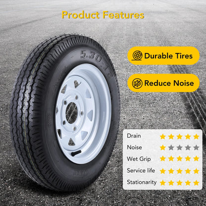 Set of 2 5.30-12 5.30x12 530-12 5.30-12 Trailer Tires with 12" Rims, 5 Lug on 4.5", Load Range C, 6PR