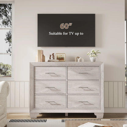 Homhougo White Dresser for Bedroom 6 Drawer, Wood Organizer Storage Cabinet with Gray Strip Drawer Door, Chest of Drawers for Closet, Living Room, Hallway, Nursery, Kids Bedroom
