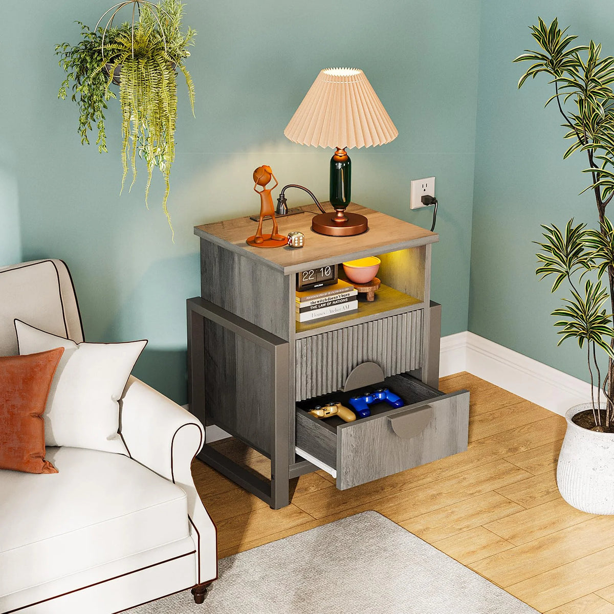 LGHM 3 Piece Bedroom Dresser and Nightstand Set, Fluted Wide Chest of Drawers, Bed Side Table End Table with LED Lights for Living Room, Black