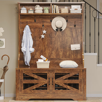 Hall Tree with Bench and Shoe Storage, 5-in-1 Entryway Bench with Coat Rack, 10 Shoe Cubbies & 9 Coat Hooks, Barn Door & Adjustable Shelf, Rustic Brown