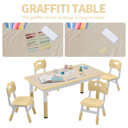 Toddler Table and Chairs Set for 4, 47.2''L x 23.6''W Kids Study Table and Chair Set, Height-Adjustable, Graffiti Desktop, Children Activity Table for Daycare, Classroom, Home