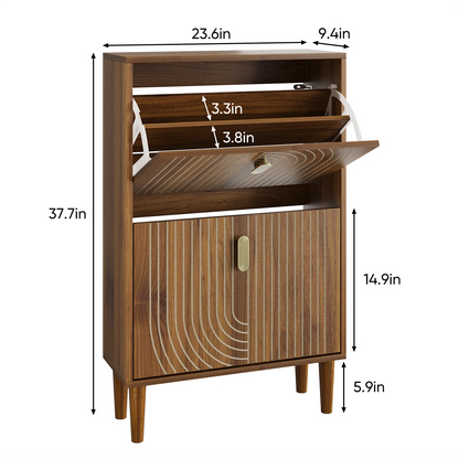 Hommoo 2 Flip Drawers Shoe Storage Cabinet, Freestanding Shoe Cabinet with Metal Handles & line groove design, Shoe Rack Cabinet, Walnut