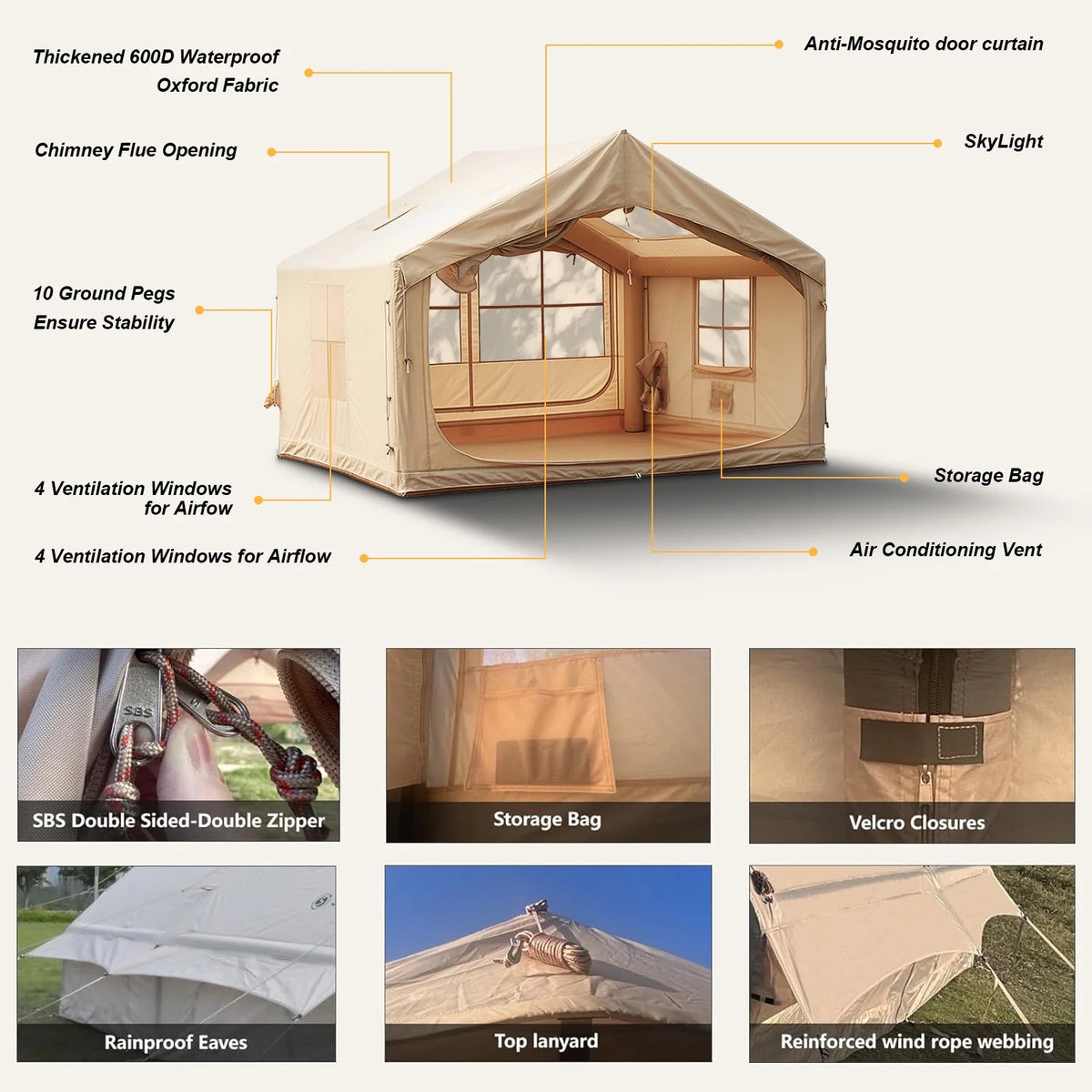 9.8' x 7' Inflatable Camping Tent,4 Season Blow up Tents for Camping, 4-6 Person Inflatable Tent with Stove Jack,Air Tents,Glamping Tent,Waterproof Luxury House with Mesh Window