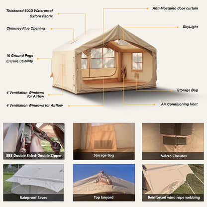 9.8' x 7' Inflatable Camping Tent,4 Season Blow up Tents for Camping, 4-6 Person Inflatable Tent with Stove Jack,Air Tents,Glamping Tent,Waterproof Luxury House with Mesh Window