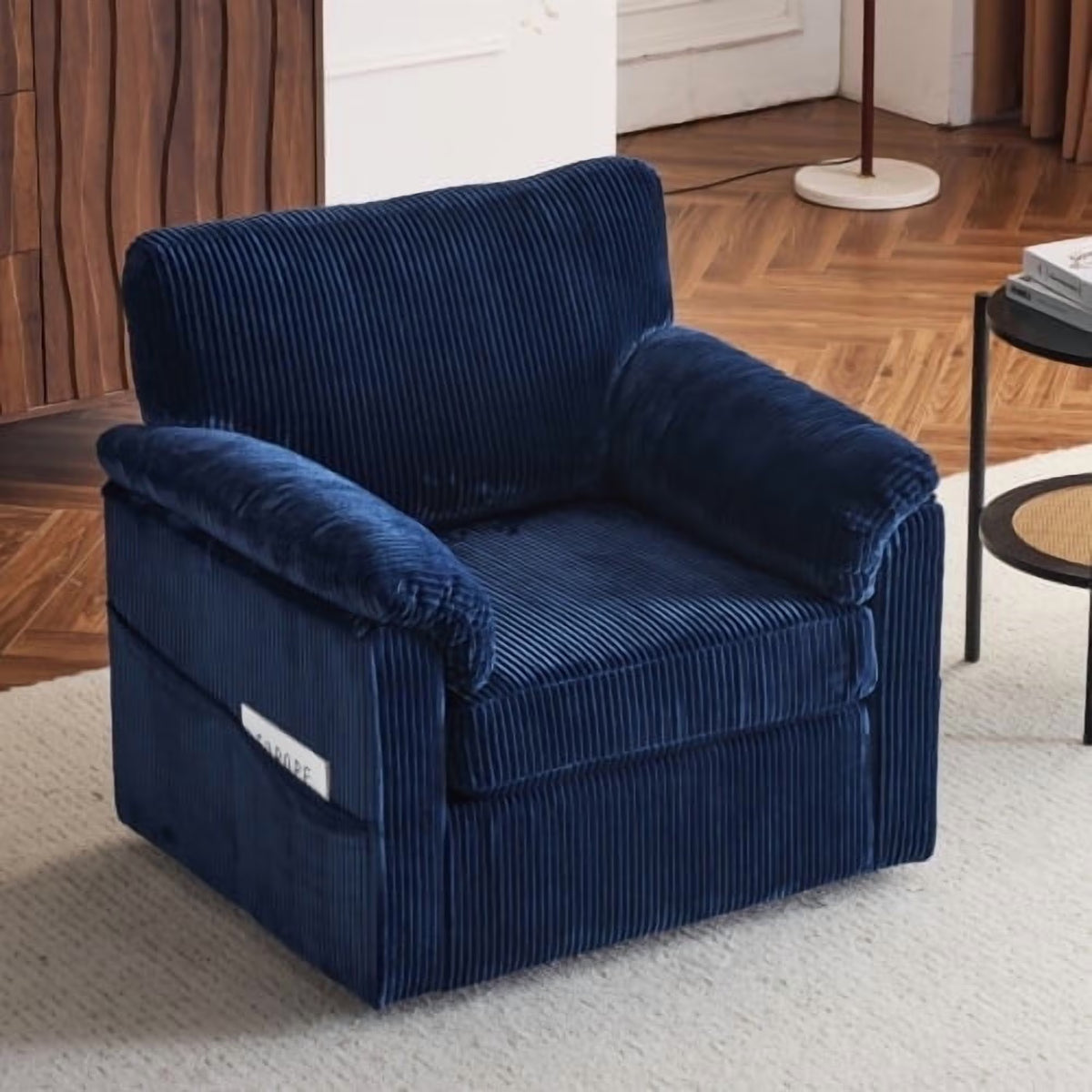 FFH 33" Oversized Swivel Accent Chair,Armchair with Side Pocket,Upholstered Corduroy Lounge Chaise Chair,Barrel Chairs,Comfy Single Sofa Chair for Living Room Reading Bedroom Office,Black