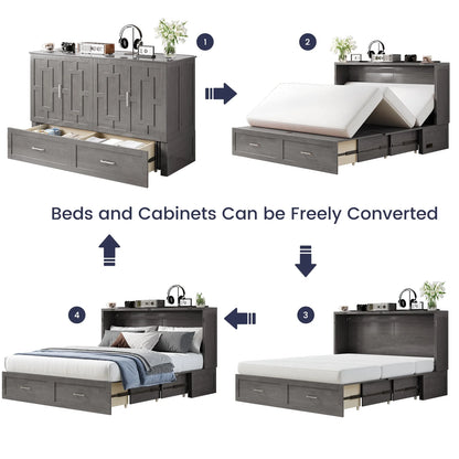 ZAFLY Murphy Bed with Trifold Foam Mattress, Cabinet Bed has USB Charging Station, Convertible Bed with Storage Platform, Cabinet Chest Bed with Large Drawers for Living Room/Bedroom (Grey)