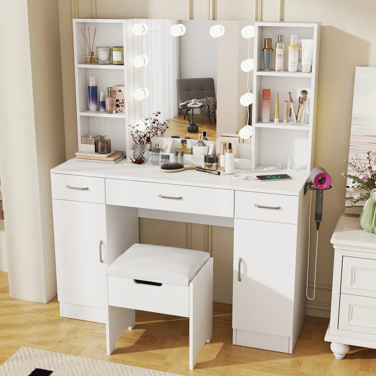VEANERWOOD Large Makeup Vanity Set with Light Modern Makeup Vanity Table with Storage and Adjustable Lighting Colors for Bedroom 45.2in, White