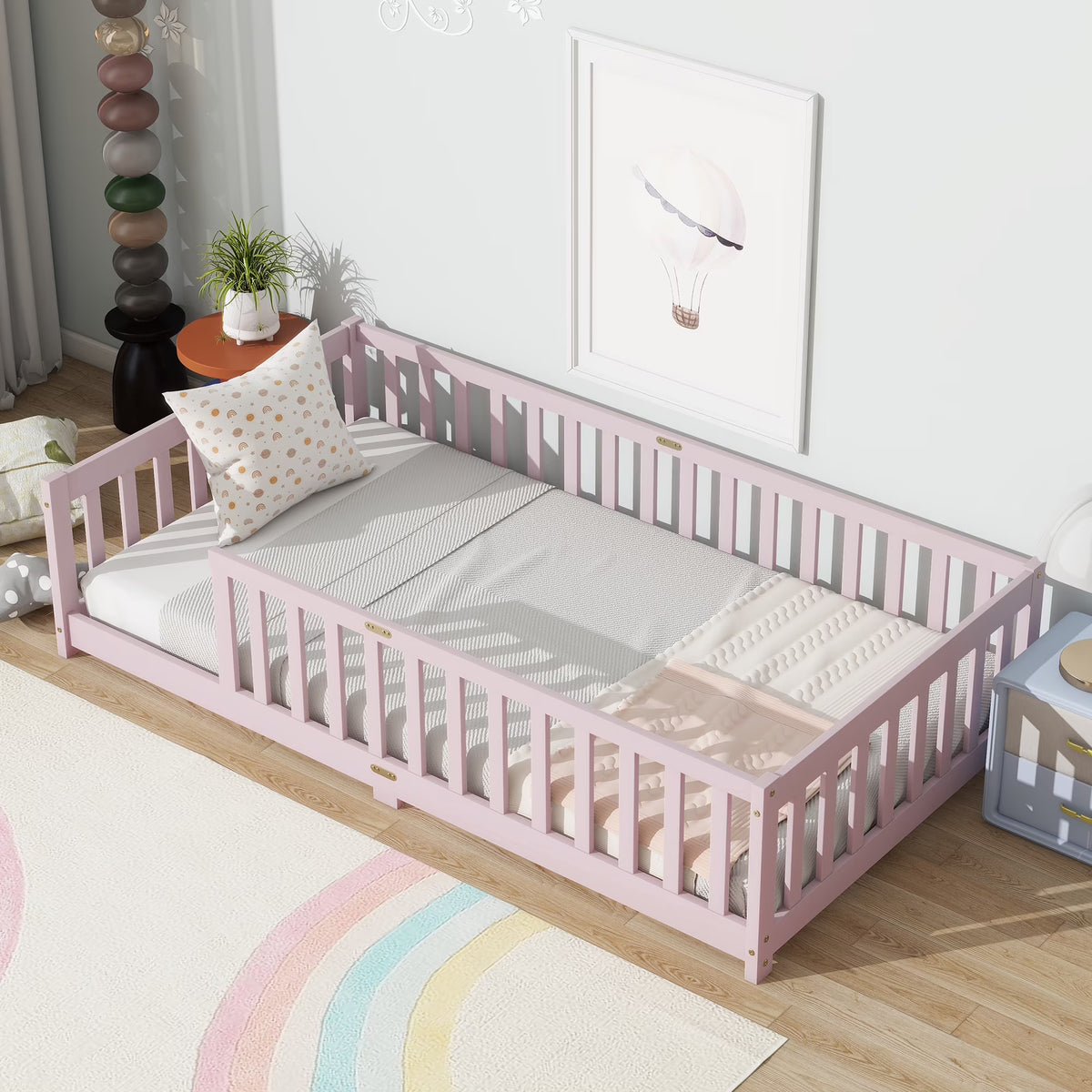 Miniyam Wooden Twin Size Floor Bed with Safety Fence for Kids, Natural
