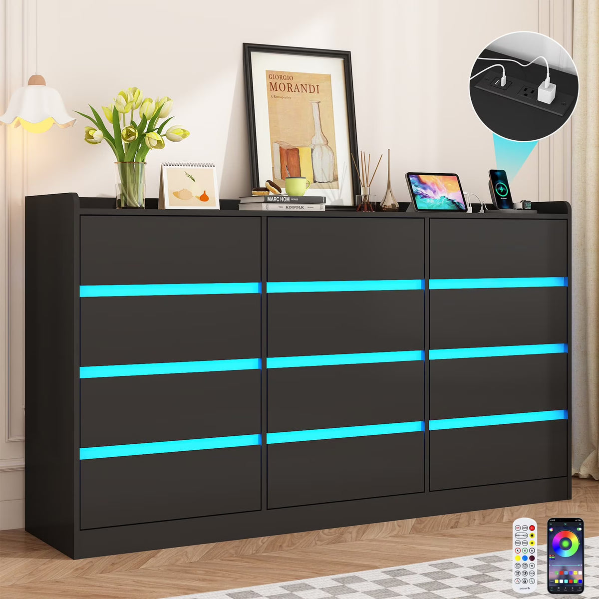 9 Drawer Dresser for Bedroom with Power Outlet, 63" Large Dresser with LED Light, Wooden Dresser For Closet, Chest of Drawers with Raised Edges