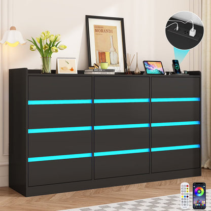 9 Drawer Dresser for Bedroom with Power Outlet, 63" Large Dresser with LED Light, Wooden Dresser For Closet, Chest of Drawers with Raised Edges
