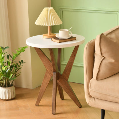 Farmhouse-style Solid Wood Crossed Legs Round Table, Boho Small Side Table with a White Top, Modern Wooden Bedside Table suitable for Bedroom, Living room, and Small Spaces, Easy to Assemble