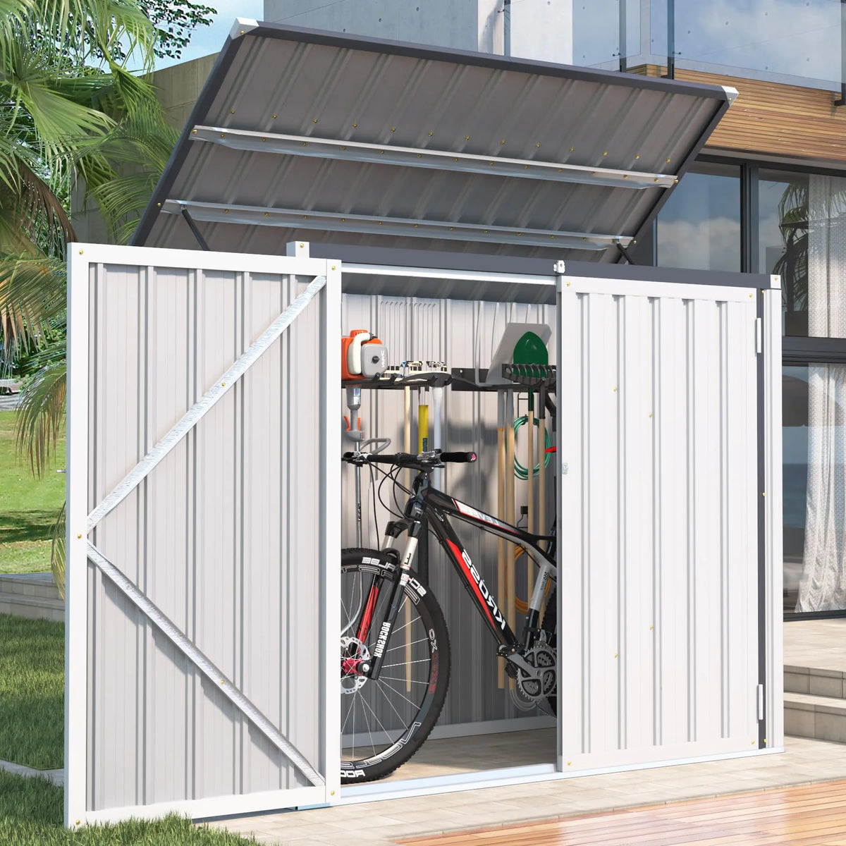 AECOJOY 46 Cu ft. Outdoor Horizontal Storage Shed Wastebasket Enclosure Container Metal Garbarge Shed in White