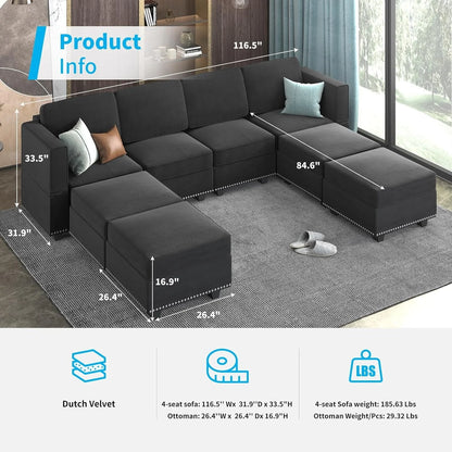 Mjkone Modular Sectional Sofa with Adjustable Armrest and Backrest for Living Room，U/L  Shaped Couch 8 Seater Convertible Sectional Couch with Storage Ottoman for Living Room,Dark Grey