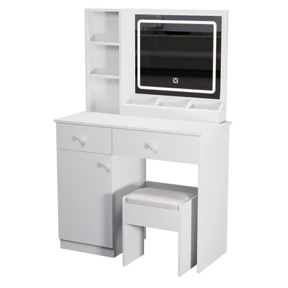Montary Modern Mini Vanity w/Adjustable LED Mirror + Hidden Storage, Padded Stool & Dustproof Shelves (White)