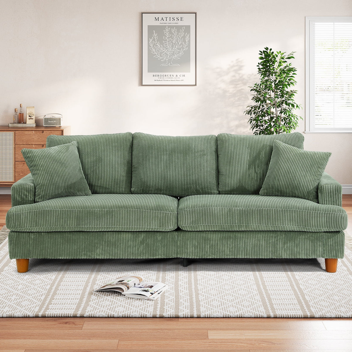 87" Corduroy Sofa,3 Seater Sofa with Extra Deep Seats,Neche Comfy Upholstered Couch for Living Room,2 Pillows,Green