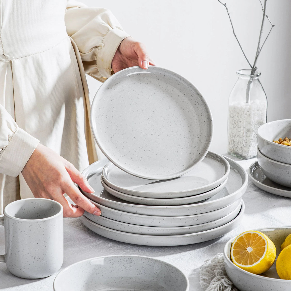 Vancasso, 32-Piece Stoneware Dinnerware Sets, Light Grey Dinner Set, Service for 8