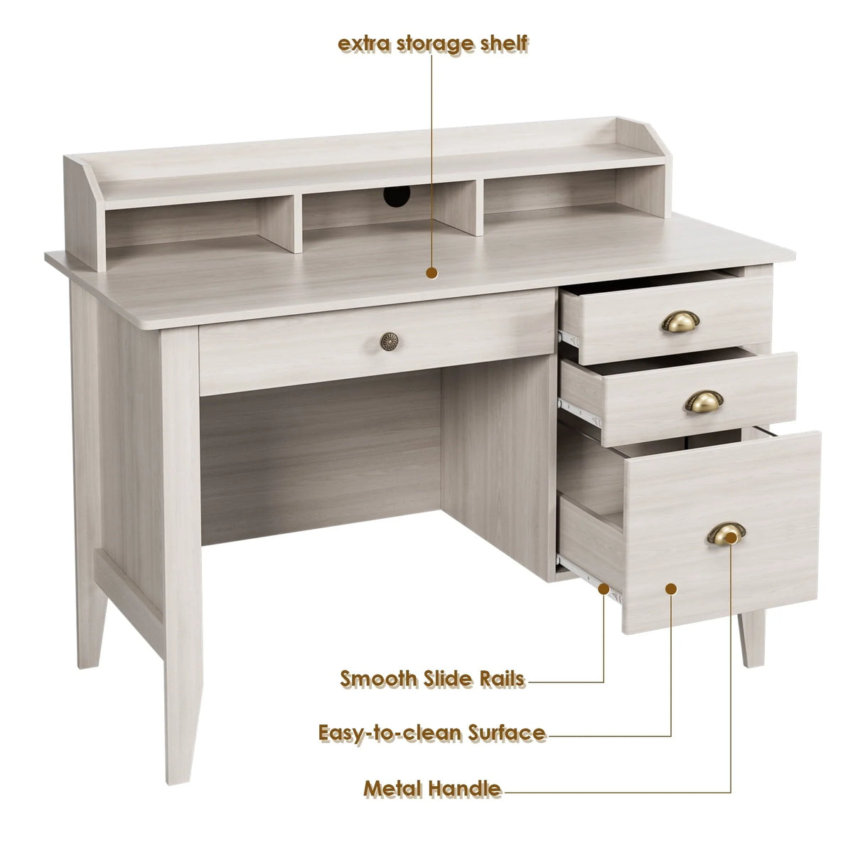 Homfa 47 in Computer Desk, Home Office Writing Table with 4 Drawers and Hutch Shelf, Sturdy Desk with Spacious Desktop, Oak White Finish