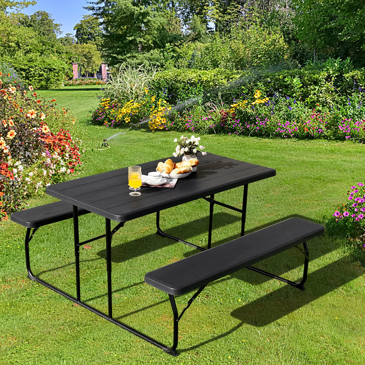 Costway Indoor & Outdoor Folding Picnic Table Bench Set w/ Wood-like Texture Grey