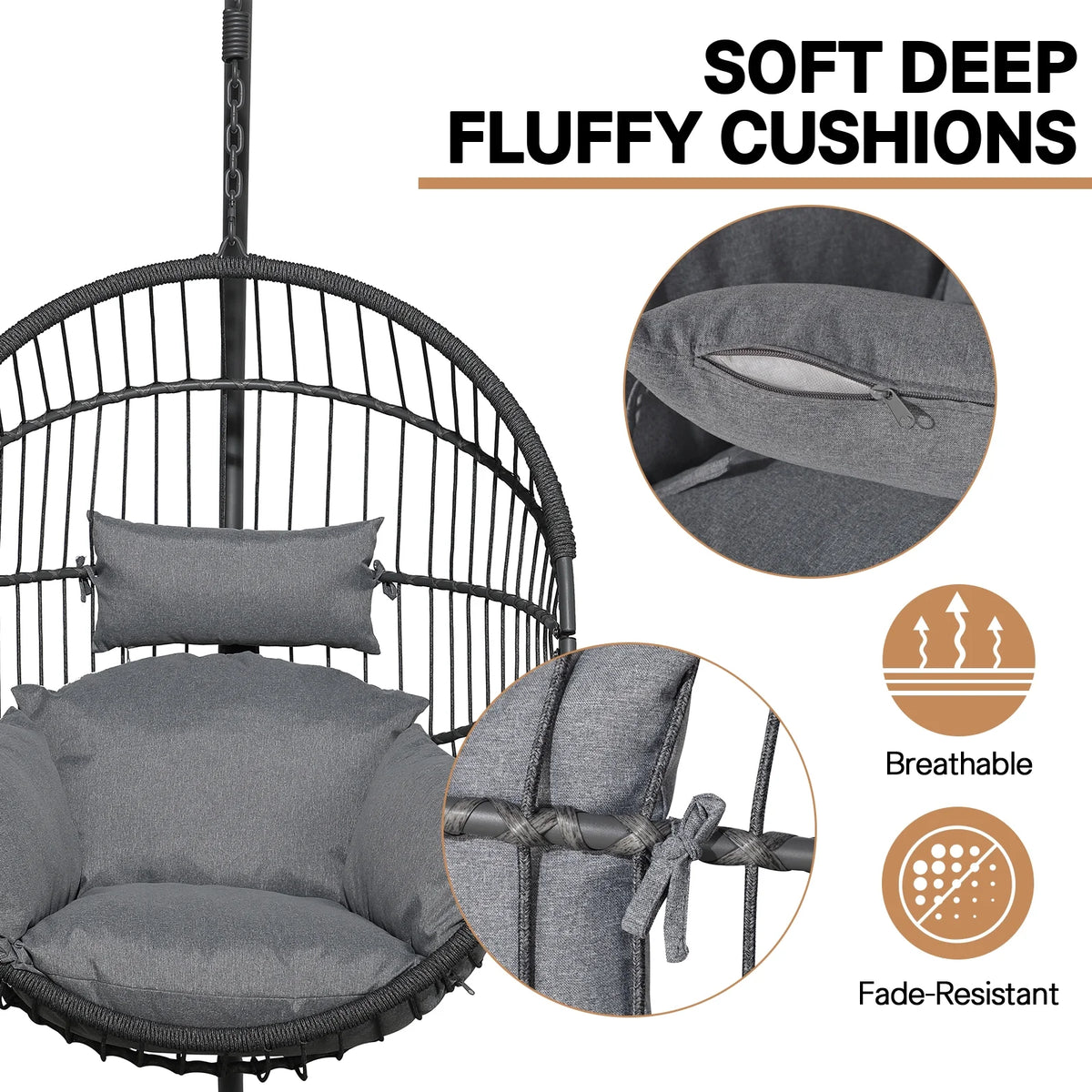 Indoor Outdoor Swing Egg Chair with Stand, Patio Foldable Grey Wicker Rattan Hanging Chair with Cushion, Light Gray