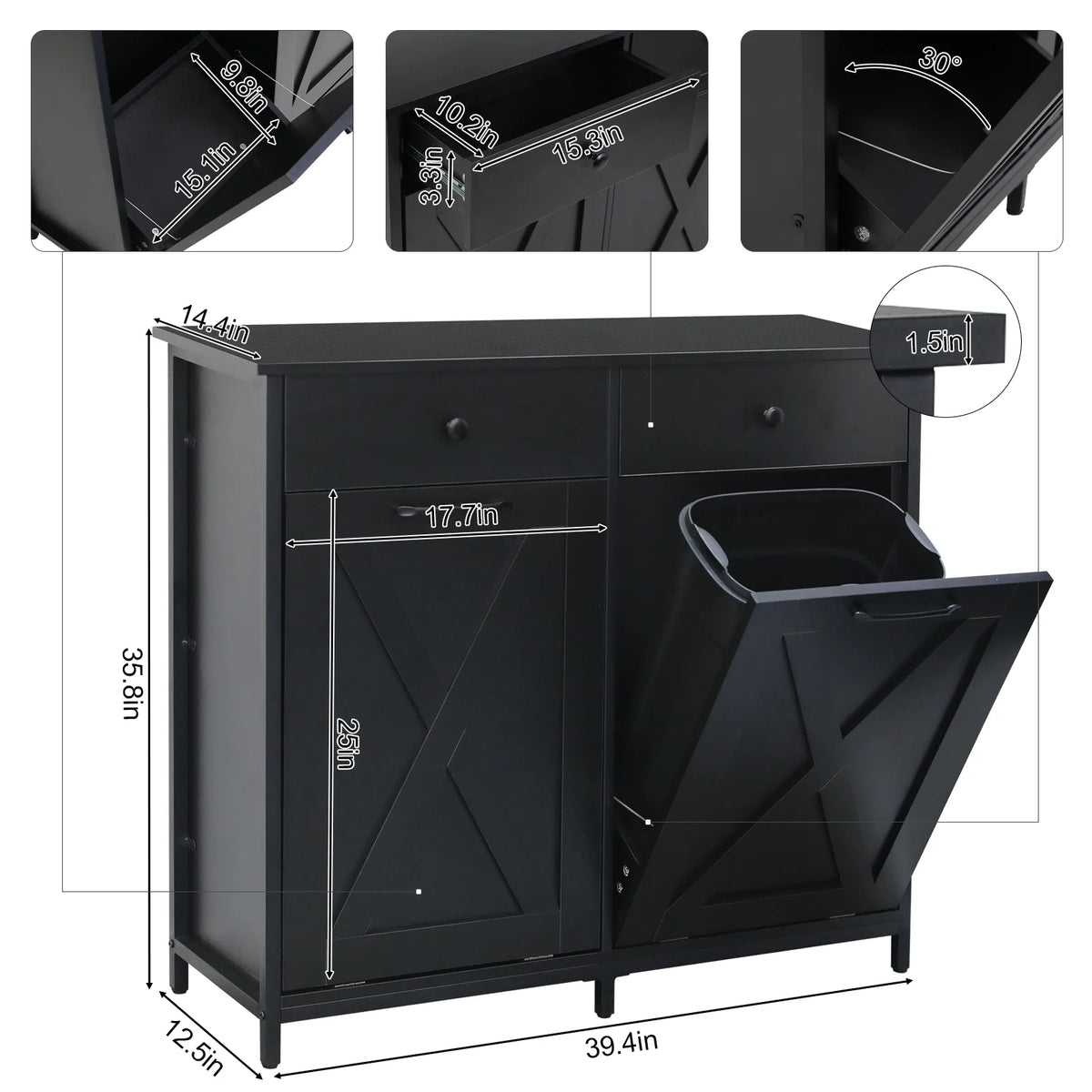 Pirecart 20 Gallon Double Tilt Out Trash Cabinet Wood Hidden Storage Cabinet, Recycling Cabinet with 2 Drawers, Black