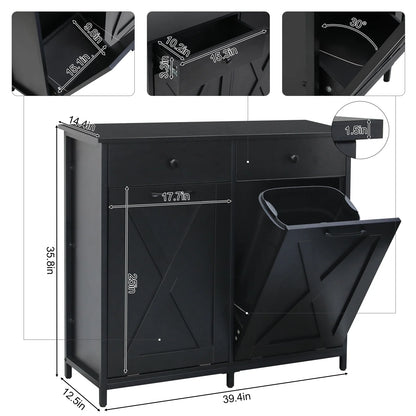 Pirecart 20 Gallon Double Tilt Out Trash Cabinet Wood Hidden Storage Cabinet, Recycling Cabinet with 2 Drawers, Black