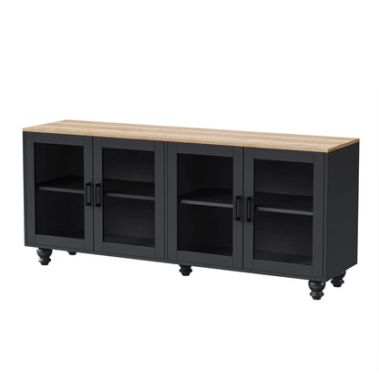Euroco 110" Entertainment Center Wall Unit Set with Glass Display Cabinets, Adjustable Shelves & Vintage TV Stand for TVs up to 85", Farmhouse Style Media Console with Storage, Gourd Legs