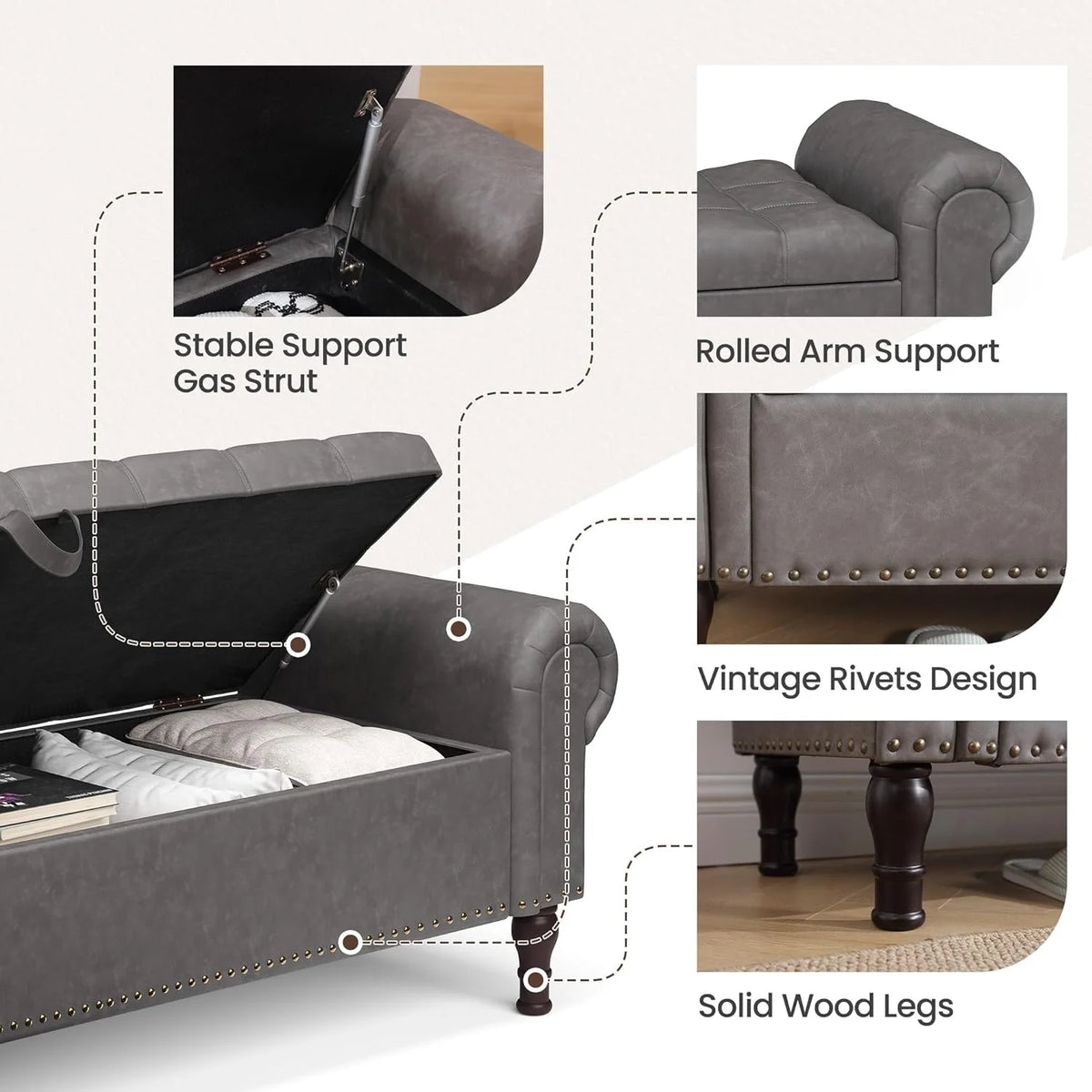 Gelloan Storage Ottoman Bench for Bedroom,Upholstered Bedroom Bench with Rolled Arms and Rivets, Storage Chest for Living Room,Grey,51 Inches