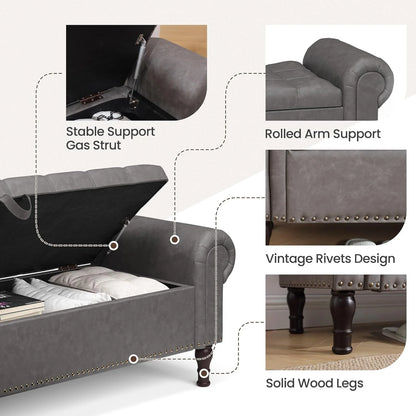Gelloan Storage Ottoman Bench for Bedroom,Upholstered Bedroom Bench with Rolled Arms and Rivets, Storage Chest for Living Room,Grey,51 Inches