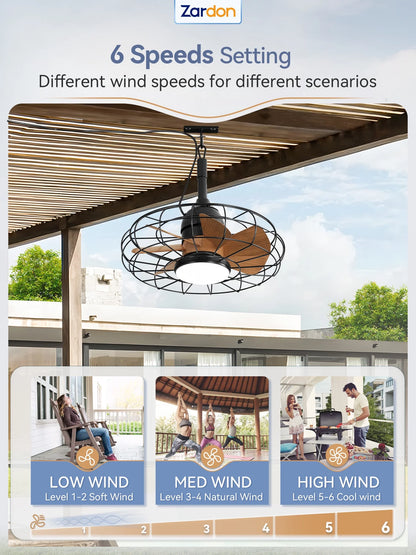 Zardon 20" Outdoor Ceiling Fan with Light and Remote, 7 Blades Caged Waterproof Gazebo Fan for Patio, Porch, Pergola Canopy, App Control