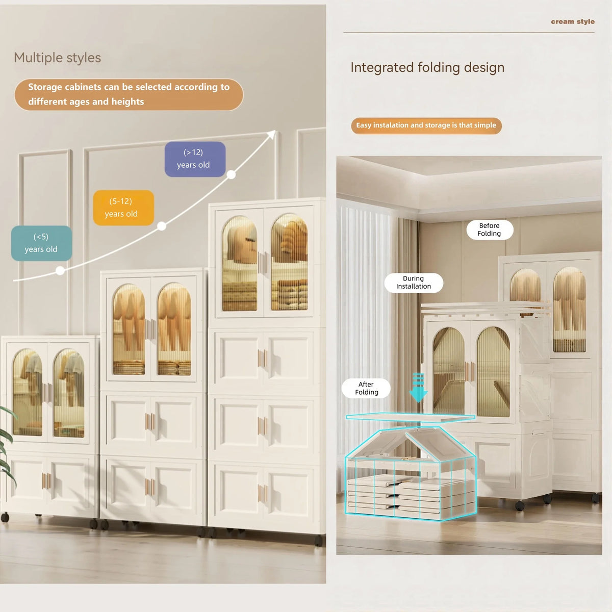 PORKISS Portable Wardrobe Closet, Folding Bedroom Armoire with Wheels, Plastic Storage Basket Can be Freely Combined (1 Layer of Wardrobe + 2 Layers of Folding Boxes+10 Hangers), Cream White-57.09"H