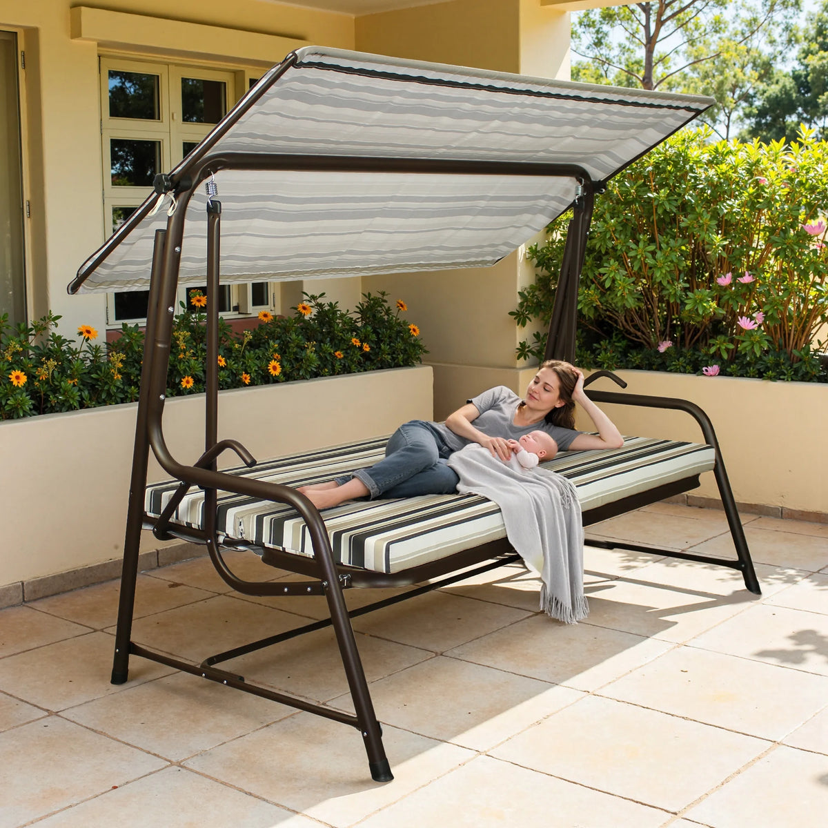 Made in Italy SUNJOY Outdoor Porch Swing, 2 Seat Patio Metal Swing with Adjustable Canopy