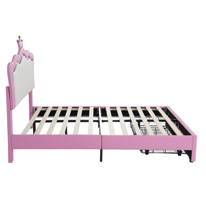 Miniyam Upholstered Twin Size Bed with LED Lights, Crown Headboard for Kids, Pink