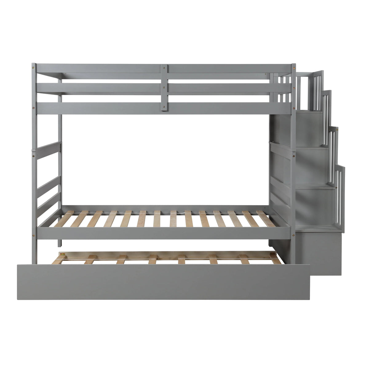 Bellemave Twin over Twin Stairway Bunk Bed with Trundle Wooden Bunk Bed Frame with Guardrails and Staircase, Twin Size Bunk Bed with Storage Stairs for Kids, Teens, Gray