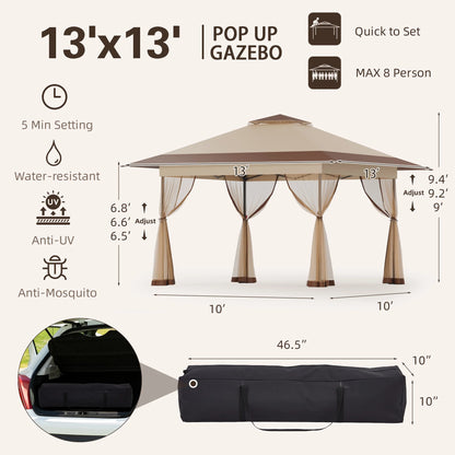Bezseller 11x11 Pop up Gazebo, Outdoor Waterproof Canopy Tent with Mosquito Netting for Outdoors, Khaki