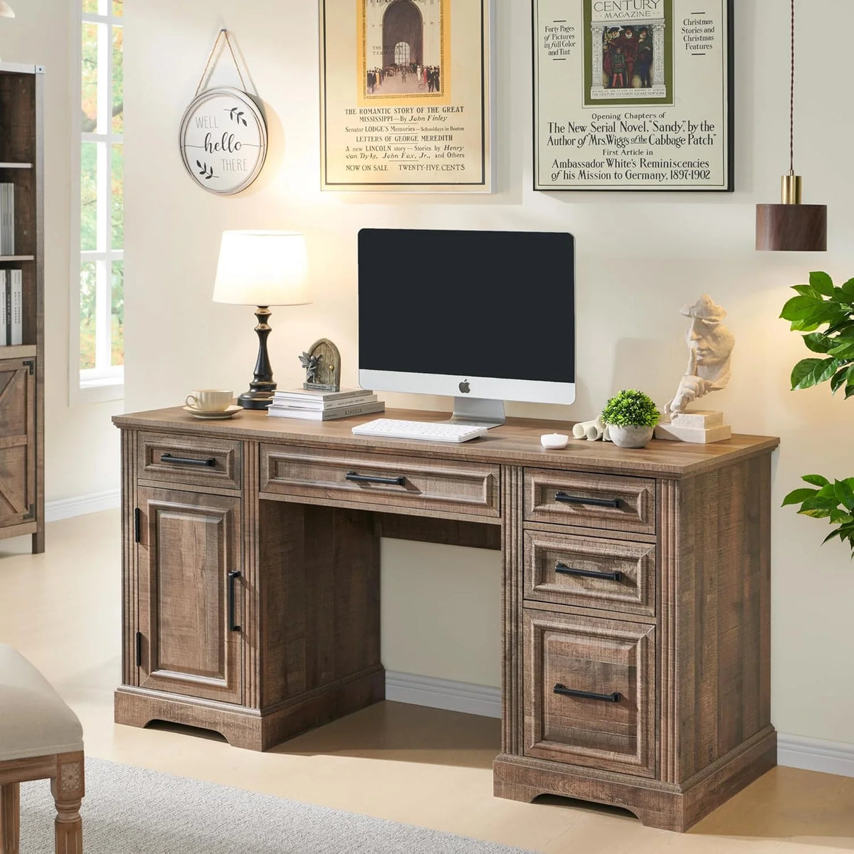 T4TREAM Farmhouse Wood 58" Executive Desk, Home Office 30" High Computer Desk with Drawers and Storage Cabinet, White