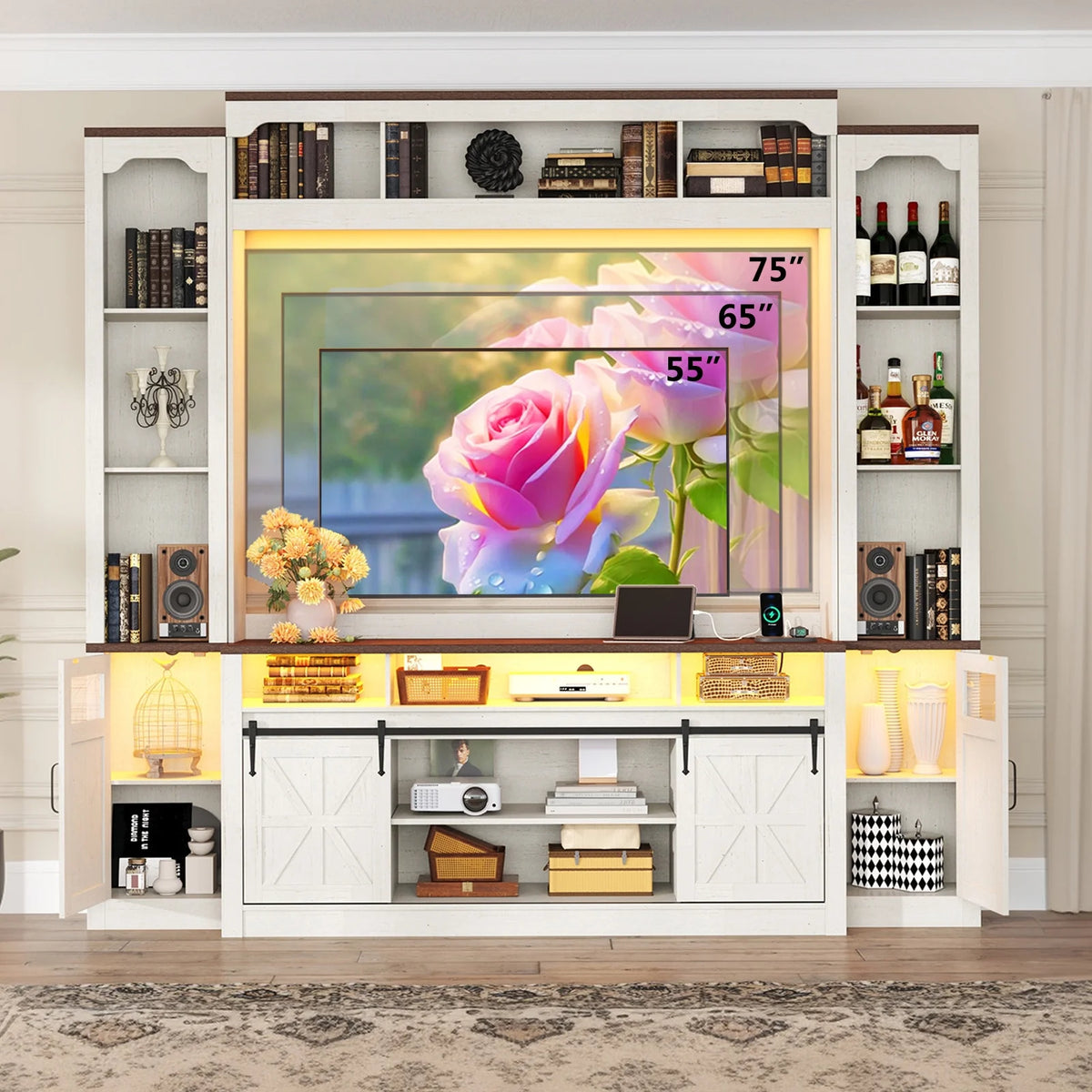 Farmhouse Wall Unit TV Stand with Storage for TVs up to 75", Large Entertainment Center with Bookshelves, LED Light & Power Outlet for Living Room