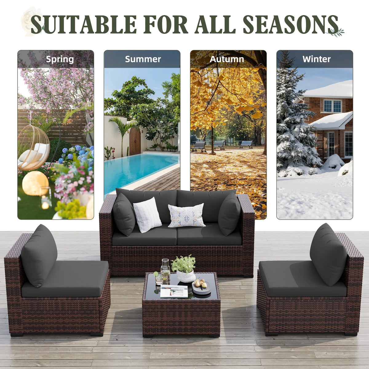7 Pieces Patio Conversation Set, Outdoor Sectional PE Rattan Wicker Furniture Seat,Dark Gray