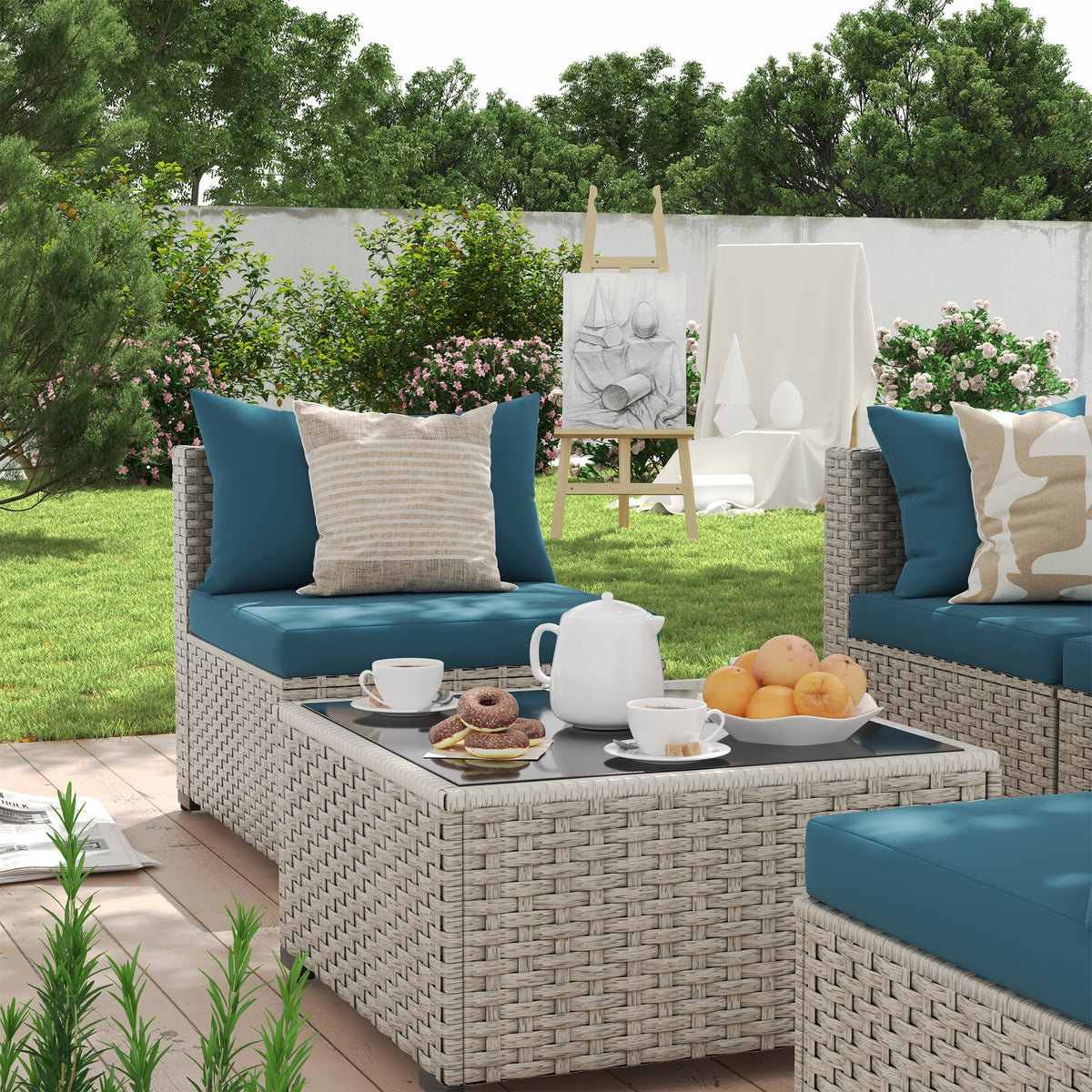 7 Pieces Patio Conversation Set, Outdoor Sectional PE Rattan Wicker Furniture Seat,Dark Gray