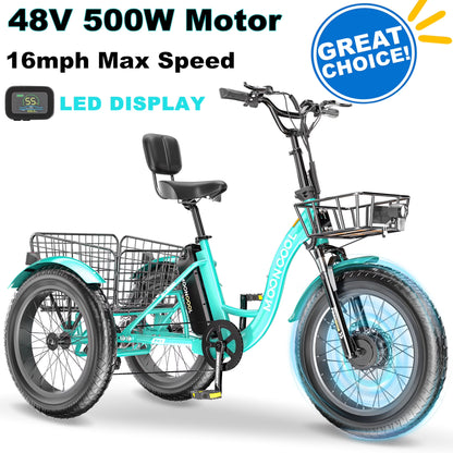 20" x 4" Fat Tire Electric Tricycle for Adult, 7 Speeds Electric Trike 48V 500W Motorized Tricycle , Electric Three Wheels Bicycle for Senior, Aluminum Frame & Rear Basket ,16mph