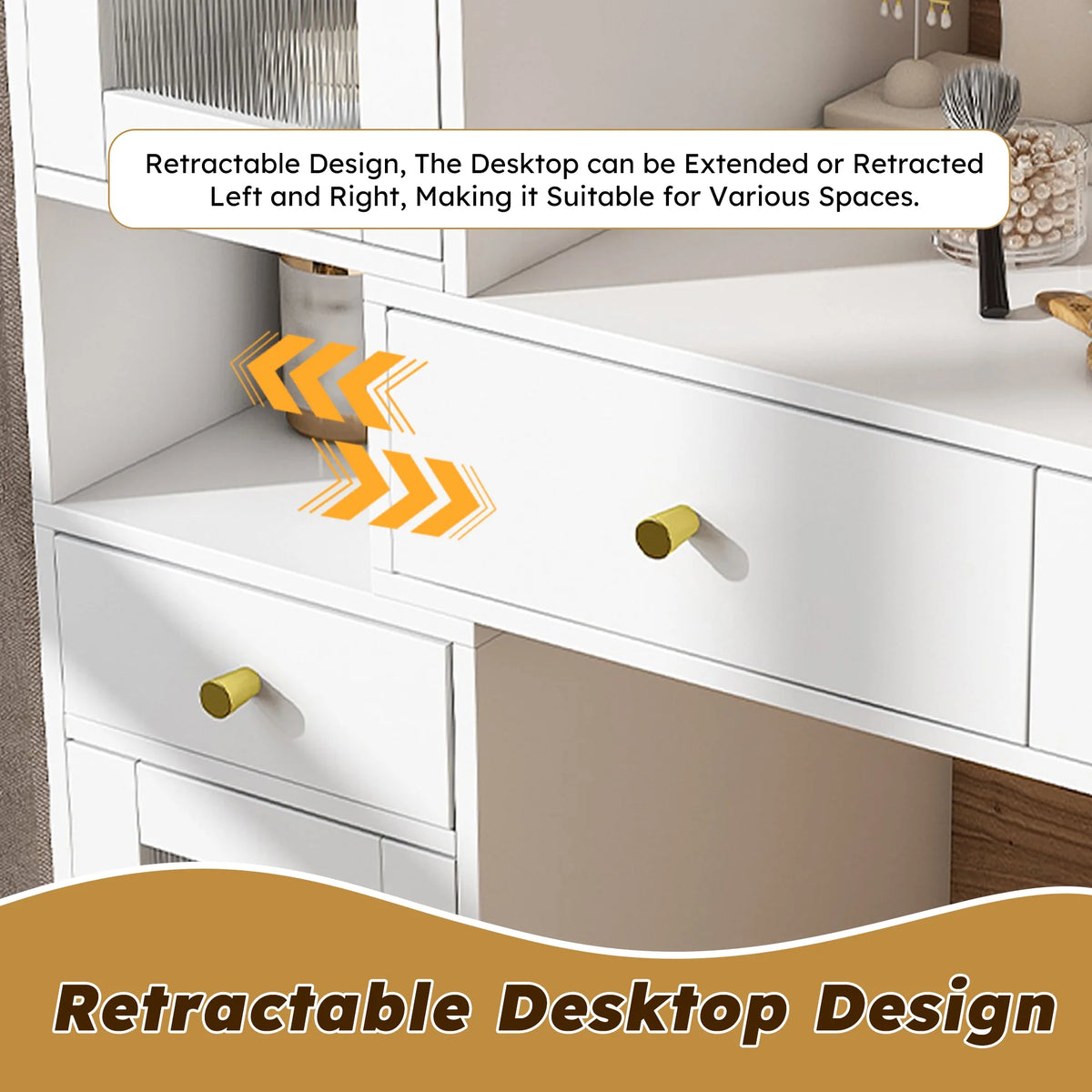 Montary Modern Mini Vanity w/Adjustable LED Mirror + Hidden Storage, Padded Stool & Dustproof Shelves (White)