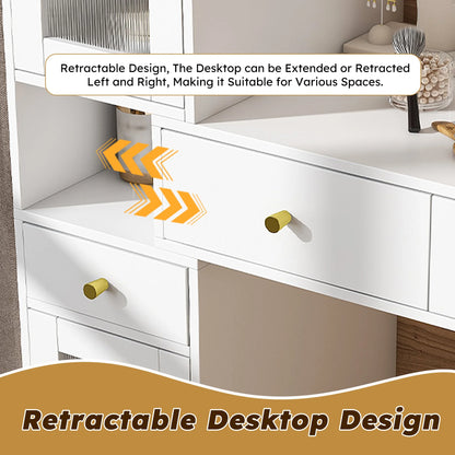 Montary Modern Mini Vanity w/Adjustable LED Mirror + Hidden Storage, Padded Stool & Dustproof Shelves (White)