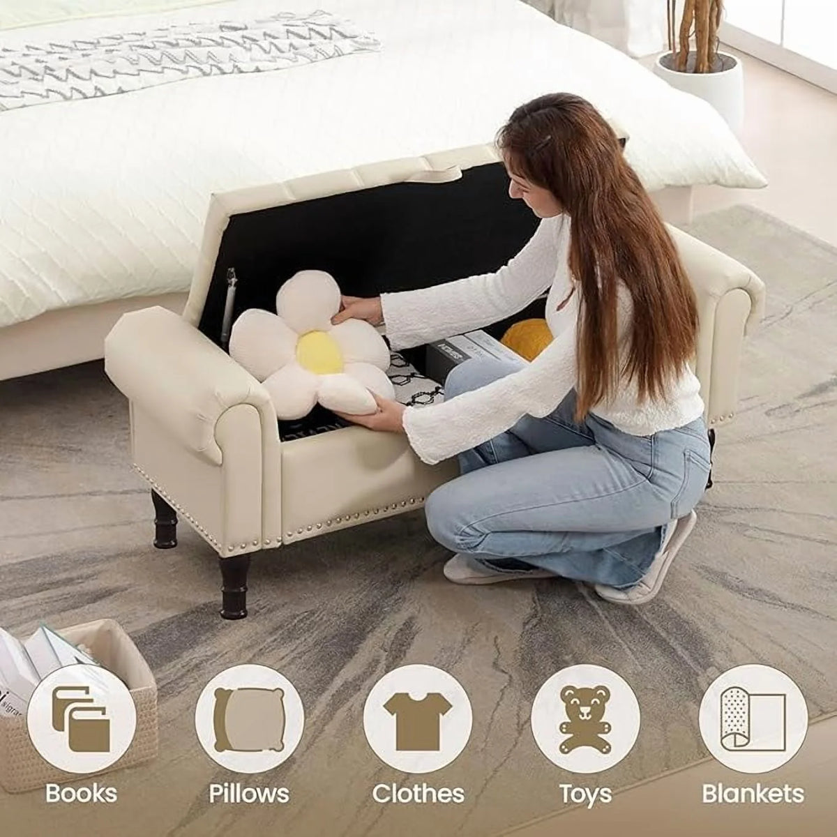 Gelloan Storage Ottoman Bench for Bedroom,Upholstered Bedroom Bench with Rolled Arms and Rivets, Storage Chest for Living Room,Grey,51 Inches