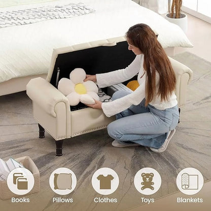 Gelloan Storage Ottoman Bench for Bedroom,Upholstered Bedroom Bench with Rolled Arms and Rivets, Storage Chest for Living Room,Grey,51 Inches