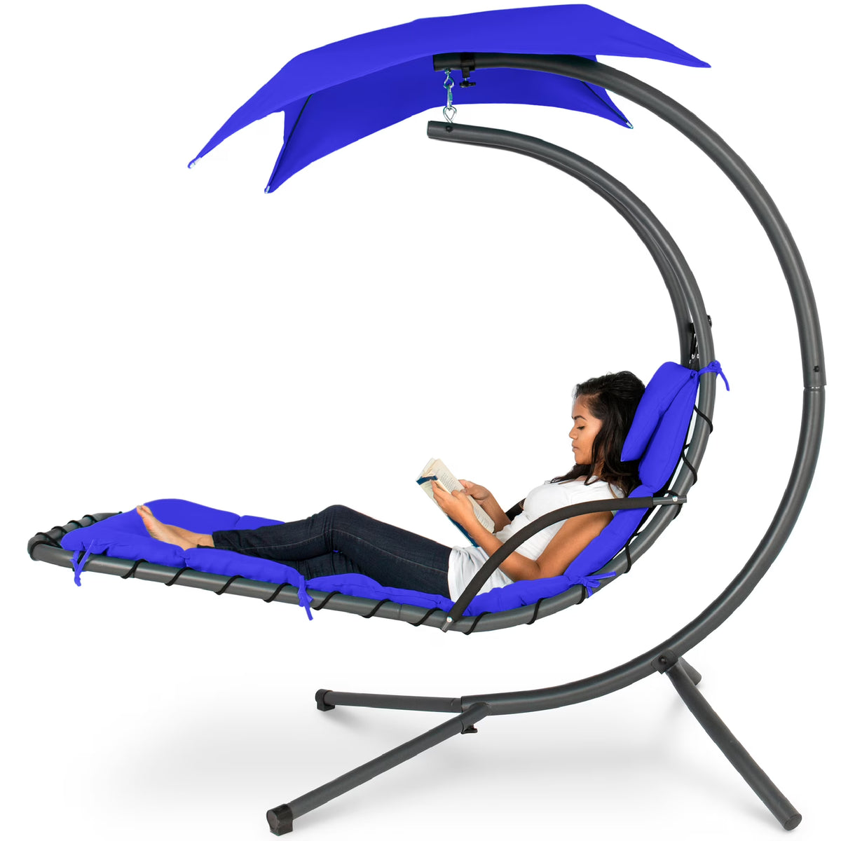 Best Choice Products Hanging Curved Chaise Lounge Chair Swing for Backyard, Patio w/ Pillow, Shade, Stand - Teal