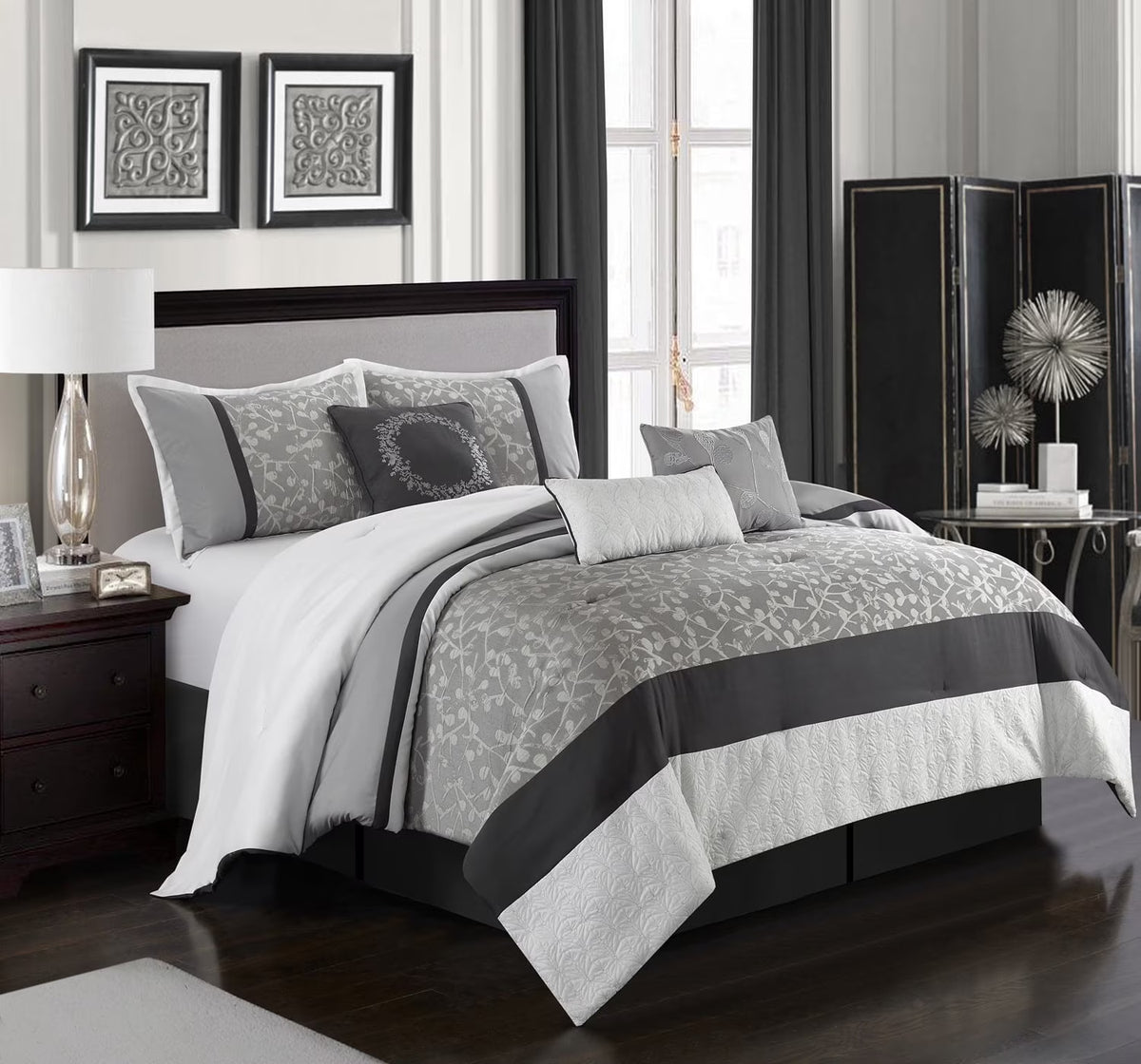 Lanco Smoke Grey Comforter Set California King Size, 9 Piece Jacquard Floral Bedding Set, All Season, Ultra-Soft, Matching Pillows & Shams, Bed Skirt