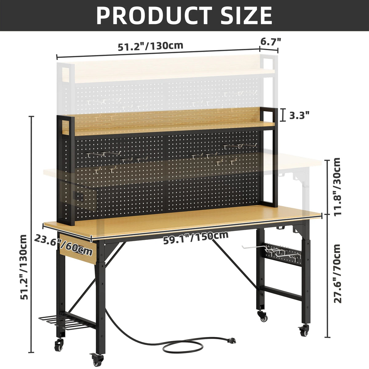 DEXTRUS Multifunctional Workbench with Wheels, 59.1" x 23.6" with Pegboard Worktable w/ Power Outlets, A3 Steel Work Bench For Garage max. Heavy Duty Workbench 2000lbs Weight Capacity
