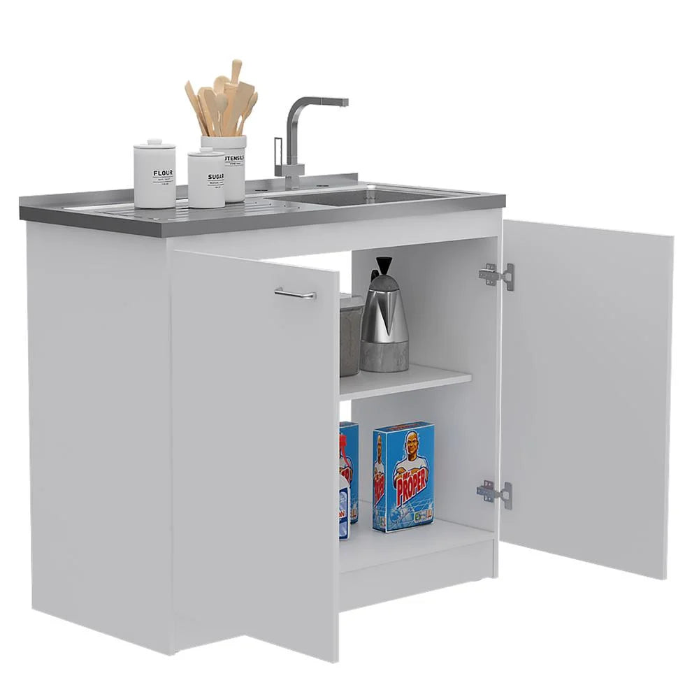 Depot E-Shop Salento Freestanding Sink With Double Door Cabinet, 2 Shelves, White/Light Oak