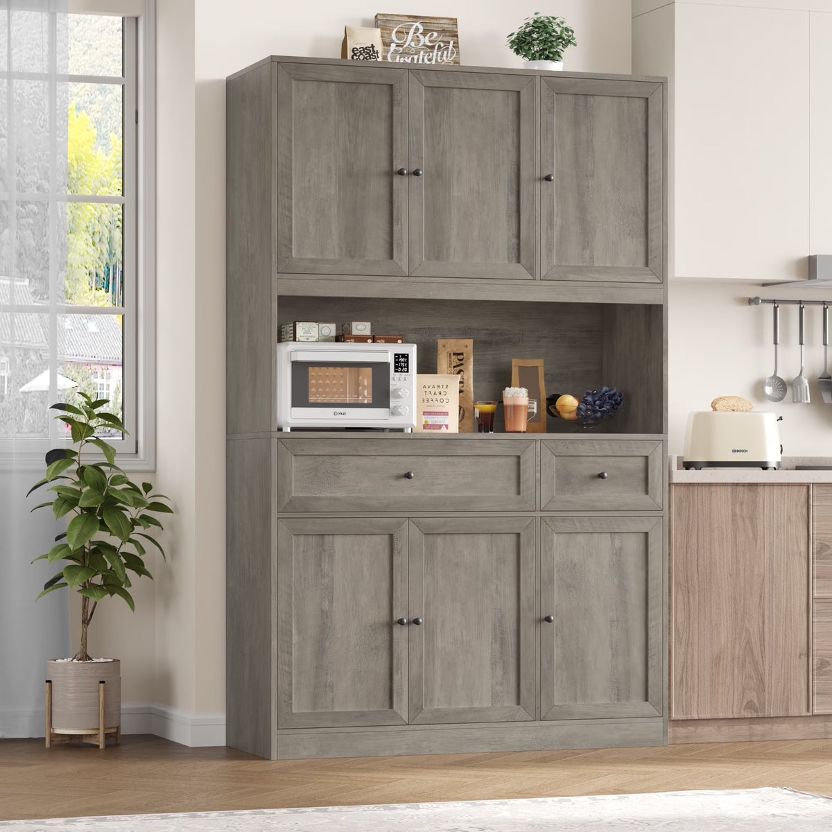 Homfa 72" Tall Kitchen Pantry with Microwave Shelf, Freestanding Kitchen Cupboard, Floor Cabinet for Dining Room, White